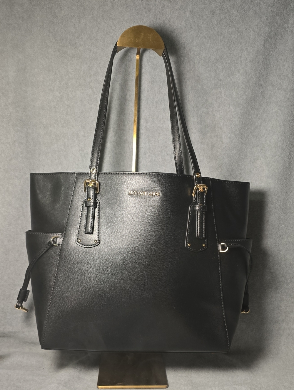 Michael Kors Voyager Black Leather Tote with Gold Hardware
